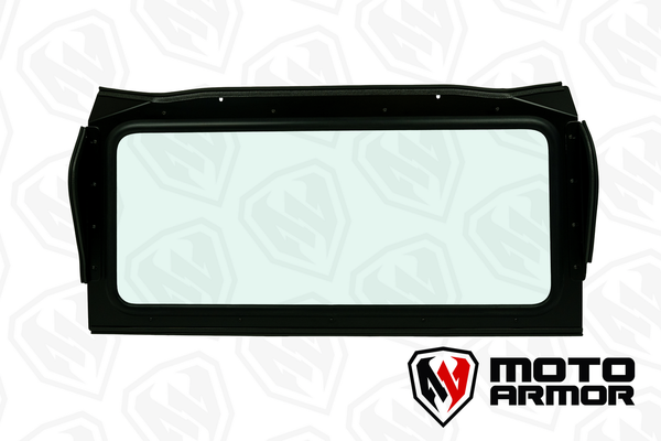 Moto Armor rear glass windshield for Can-Am Commander and Maverick Trail/Sport with aluminum frame, billet clamps, and wide visibility.