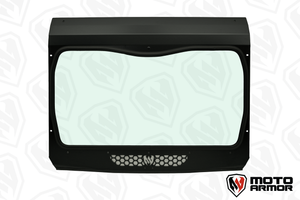 DOT glass windshield for Can-Am Commander and Maverick Trail with spring vents, aluminum frame, and manual wiper for all-weather riding.