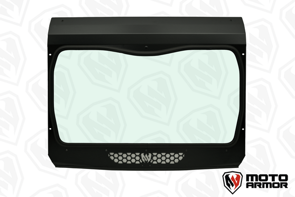 DOT glass windshield for Can-Am Commander and Maverick Trail with spring vents, aluminum frame, and manual wiper for all-weather riding.