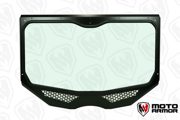 Moto Armor full glass windshield for Can-Am Maverick X3 with Voodoo Riders cage, featuring vents, DOT glass, and billet mounts.