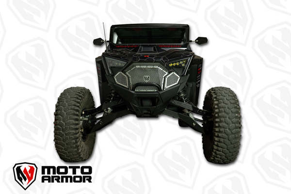 Moto Armor front grill set with honeycomb aluminum design for Polaris Turbo R and Pro R models, provides airflow protection and sleek styling.