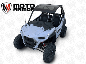 Black powder-coated aluminum roof with polycarbonate sunroof for Polaris RZR Trail 2 Seat 2021–2023, includes hardware and low-profile fit