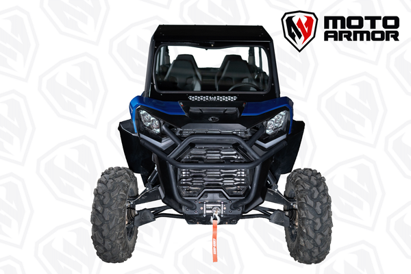 DOT glass windshield for Can-Am Commander and Maverick Trail with spring vents, aluminum frame, and manual wiper for all-weather riding.