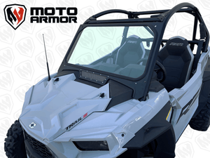 Vented automotive glass windshield with black aluminum frame for 2021–2024 Polaris RZR Trail and Trail S, includes manual wiper