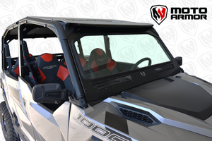 Black vented full glass windshield for Polaris General 2 & 4 seat, with DOT laminated safety glass and spring-loaded vents for airflow