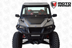 Black vented full glass windshield for Polaris General 2 & 4 seat, with DOT laminated safety glass and spring-loaded vents for airflow