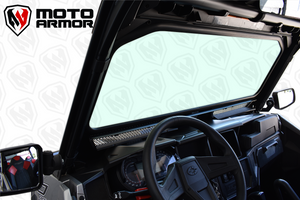 Black vented full glass windshield for Polaris General 2 & 4 seat, with DOT laminated safety glass and spring-loaded vents for airflow