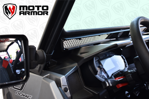 Black vented full glass windshield for Polaris General 2 & 4 seat, with DOT laminated safety glass and spring-loaded vents for airflow