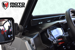 Black vented full glass windshield for Polaris General 2 & 4 seat, with DOT laminated safety glass and spring-loaded vents for airflow