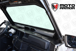 Black vented full glass windshield for Polaris General 2 & 4 seat, with DOT laminated safety glass and spring-loaded vents for airflow