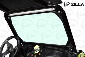 View through a UTV Zilla laminated glass windshield from inside the cockpit