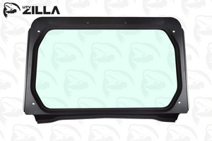 UTV Zilla DOT-stamped glass windshield, front product view with the powder-coated frame