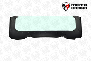 Moto Armor glass half windshield for Polaris RZR 900/1000 XP with black powder-coated frame and billet aluminum clamps