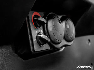 SuperATV heater temperature and fan controls installed in a Kawasaki Mule Pro