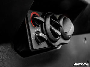 Angled view of the SuperATV heater vents installed in a Kawasaki Mule Pro