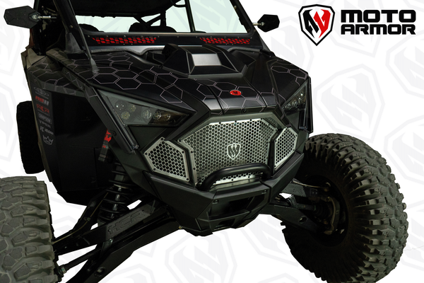 Moto Armor front grill set with honeycomb aluminum design for Polaris Turbo R and Pro R models, provides airflow protection and sleek styling.