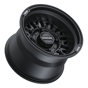 Raceline A13B Omega UTV wheel in Satin Black with mesh design and retro-style lip – available in 14" and 15" sizes