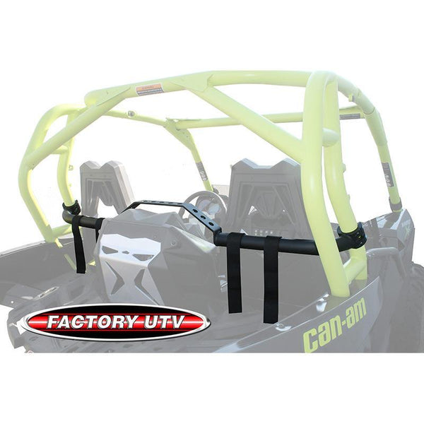 Factory UTV Harness Bar installed on Can-Am Maverick, supporting 4-point restraints with durable powder-coated steel construction