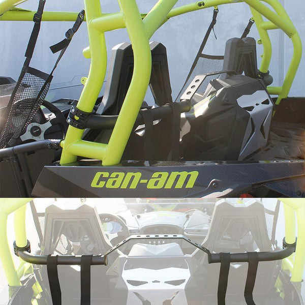 Factory UTV Harness Bar installed on Can-Am Maverick, supporting 4-point restraints with durable powder-coated steel construction