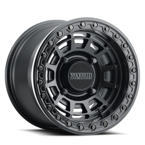 Method 415 Double Black UTV Beadlock Wheel with matte black face, gloss beadlock ring, 1600 lb rating, and aggressive multi-spoke design.