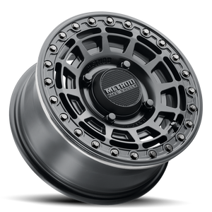 Method 415 Double Black UTV Beadlock Wheel with matte black face, gloss beadlock ring, 1600 lb rating, and aggressive multi-spoke design.