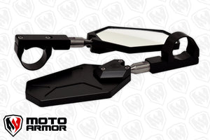 Moto Armor Billet Convex Mirrors with breakaway design, wide-view glass, and clamps fitting 1.75" to 2" round tubing on UTV roll cages.