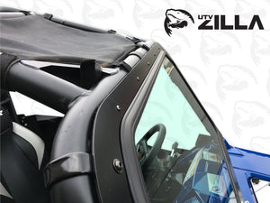 UTV Zilla RZR 800 glass windshield from the passenger side showing the aluminum frame