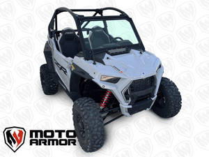Vented automotive glass windshield with black aluminum frame for 2021–2024 Polaris RZR Trail and Trail S, includes manual wiper