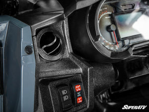 SuperATV heater vent beside the Polaris General XP 1000 gauge cluster