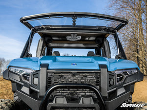 Polaris Xpedition flip windshield opened to the vented position for airflow