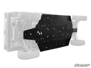 Detail of SuperATV Polaris Xpedition 5-seat skid plate drain ports and flush bolts