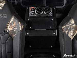 SuperATV second-row heater vents and controls between the Polaris General XP 4 1000 rear seats