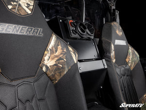 Side view of the SuperATV second-row heater between the Polaris General 4 1000 rear seats