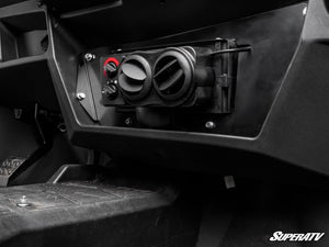 SuperATV cab heater installed under the passenger-side dash of a Polaris Ranger 1000