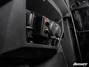 Side view of the SuperATV cab heater mounted under the Polaris Ranger 1000 dash