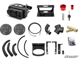 SuperATV Polaris Ranger 1000 Diesel cab heater kit with heater, mounting brackets, vents, hoses, harness and valve