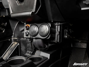 SuperATV cab heater installed below the center dash of a Polaris RZR XP Turbo S