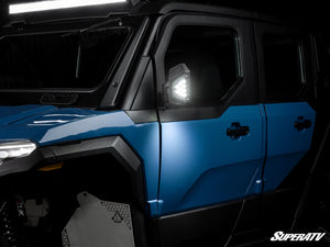 SuperATV Polaris Xpedition dual-section LED side-view mirror pair mounted on roll cage