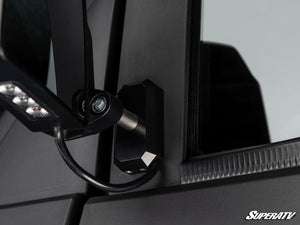 SuperATV Xpedition dual-section mirror with convex glass and forward-facing LED lighting