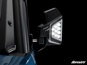 SuperATV Polaris Xpedition LED side-view mirror installed view on UTV cage