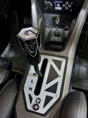 Polaris Pro R Turbo R billet shift knob from Geiser Performance, showcasing a sleek, metallic gear shift knob for off-road vehicles.