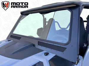 Yamaha RMAX 1000 glass windshield with vent and wiper, black aluminum frame and billet mounts for 2 and 4 seat models, 2021–2025