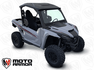 Yamaha RMAX 1000 glass windshield with vent and wiper, black aluminum frame and billet mounts for 2 and 4 seat models, 2021–2025