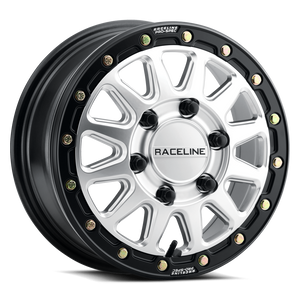 Raceline A14 Alpha satin black UTV wheel with gunmetal beadlock ring, designed for Can-Am Maverick R and Polaris RZR R, 15x7 inch