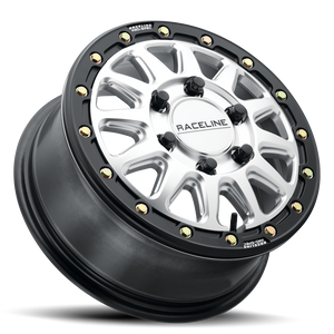 Raceline A14 Alpha satin black UTV wheel with gunmetal beadlock ring, designed for Can-Am Maverick R and Polaris RZR R