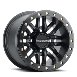 Raceline A91B Ryno Beadlock UTV wheel in satin black with 10 split spokes and forged 6061 beadlock ring for extreme off-road durability