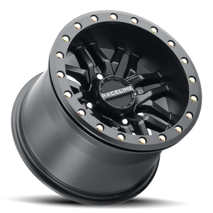 Raceline A91B Ryno Beadlock UTV wheel in satin black with 10 split spokes and forged 6061 beadlock ring for extreme off-road durability