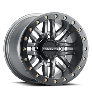 Raceline A91G Ryno Beadlock UTV wheel in gunmetal with split 10-spoke design and forged beadlock ring for aggressive off-road durability