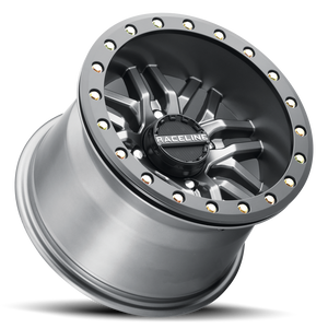 Raceline A91G Ryno Beadlock UTV wheel in gunmetal with split 10-spoke design and forged beadlock ring for aggressive off-road durability