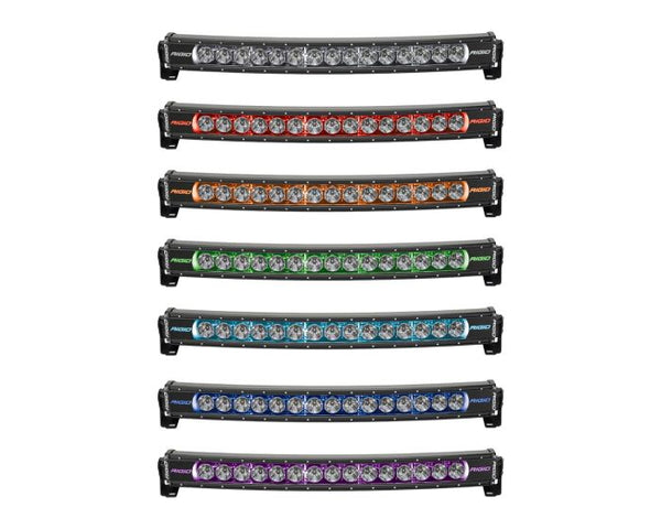 Rigid Radiance+ Curved 20" RGBW LED light bar with 8-color backlight and spot-drive beam for off-road trucks, UTVs, and trail performance.